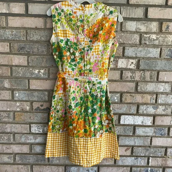 Vintage 60’s Liberty Circle Orange Yellow Floral Sleeveless Dress Belted